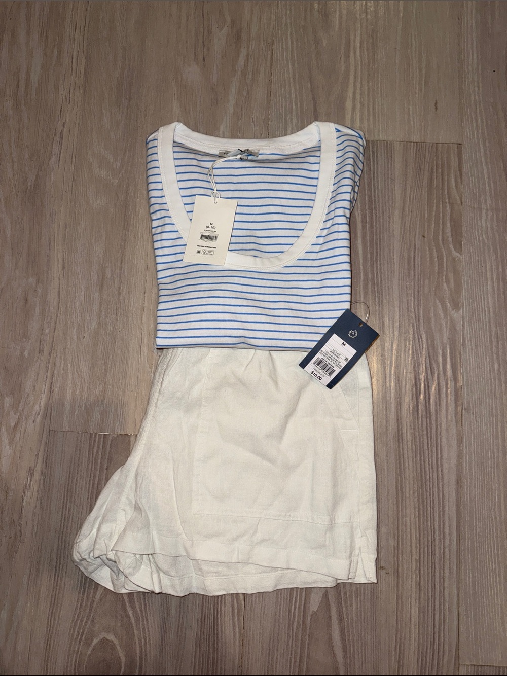 Women’s Blue Stripe Shirt and White Shorts